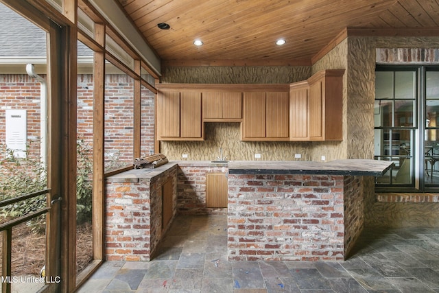 kitchen with wood ceiling, tasteful backsplash, and kitchen peninsula