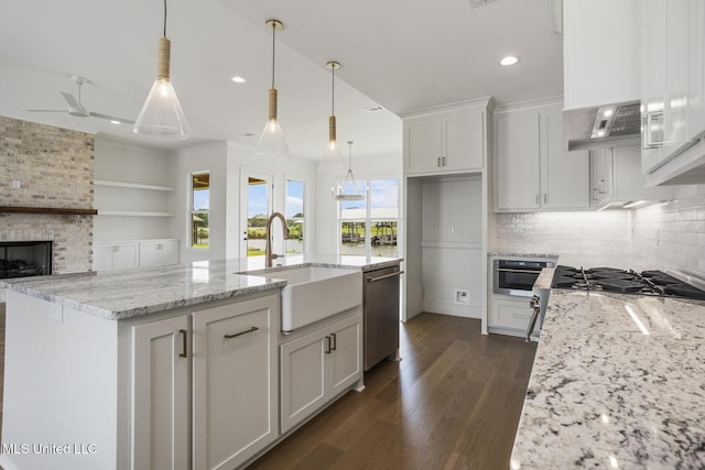 101 Harbour Lndg, Madison, MS 39110 - kitchen with stainless steel appliances, a sink, extractor fan, a fireplace, and white cabinets