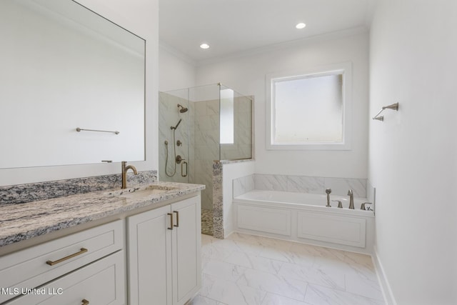 101 Harbour Lndg, Madison, MS 39110 - bathroom with a shower stall, a garden tub, ornamental molding, marble look tiles, and vanity