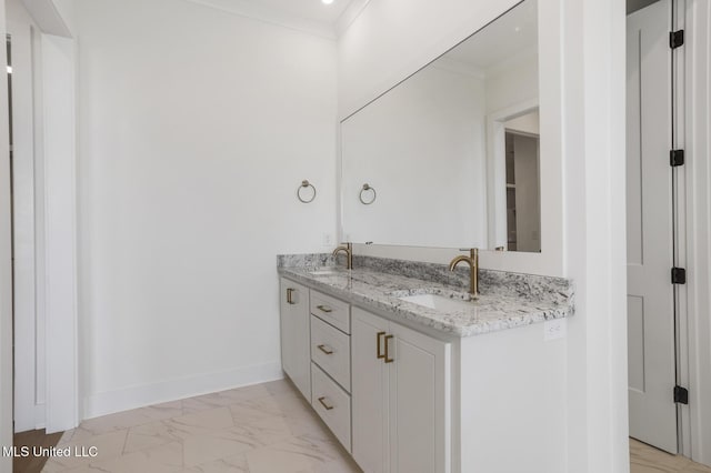 101 Harbour Lndg, Madison, MS 39110 - full bathroom with marble look tiles, double vanity, baseboards, and crown molding