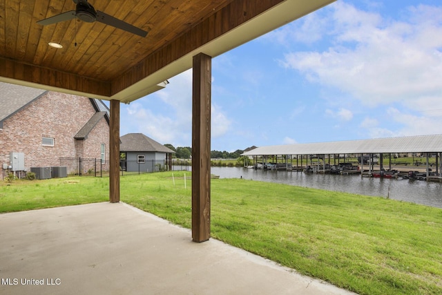 101 Harbour Lndg, Madison, MS 39110 - view of patio / terrace featuring a water view, a ceiling fan, central AC, and a dock
