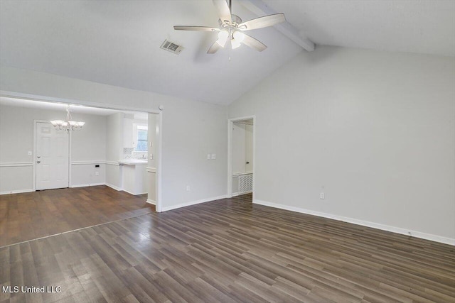 unfurnished living room with ceiling fan with notable chandelier, high vaulted ceiling, dark hardwood / wood-style floors, and beamed ceiling