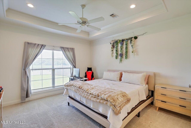 200 Falls Xing, Madison, MS 39110 - bedroom with a raised ceiling, light colored carpet, crown molding, recessed lighting, and ceiling fan