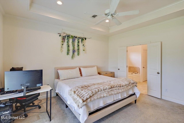 200 Falls Xing, Madison, MS 39110 - bedroom featuring crown molding, a raised ceiling, light colored carpet, recessed lighting, and ensuite bath