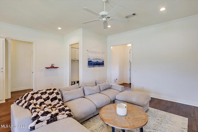 200 Falls Xing, Madison, MS 39110 - living room featuring ceiling fan, wood finished floors, crown molding, and recessed lighting