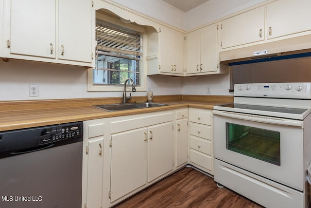 kitchen with dishwasher, dark wood-type flooring, sink, white range with electric cooktop, and white cabinetry