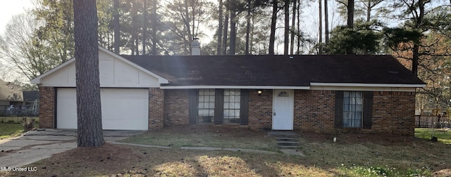 ranch-style home featuring brick siding, a chimney, concrete driveway, and a garage