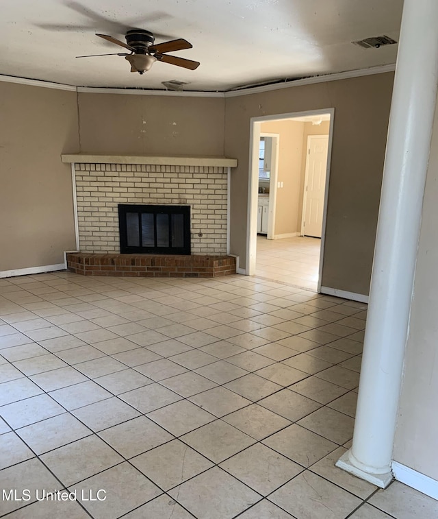 unfurnished living room featuring light tile patterned floors, a ceiling fan, visible vents, and baseboards