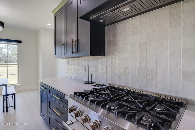 kitchen with custom range hood and decorative backsplash