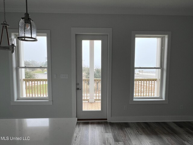 entryway with baseboards, ornamental molding, and wood finished floors