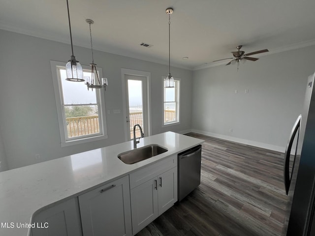 kitchen featuring dark wood finished floors, crown molding, stainless steel appliances, visible vents, and a sink