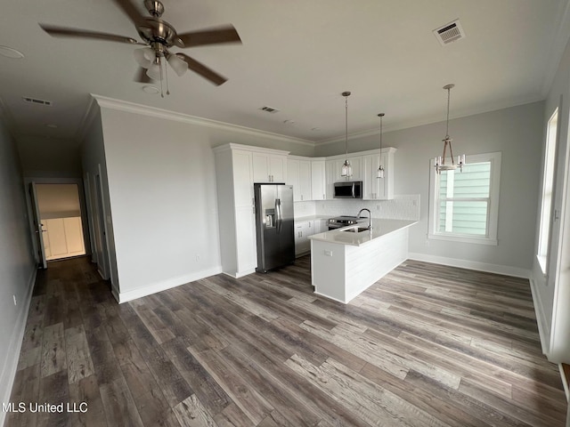 kitchen with white cabinets, ornamental molding, a peninsula, stainless steel appliances, and a sink