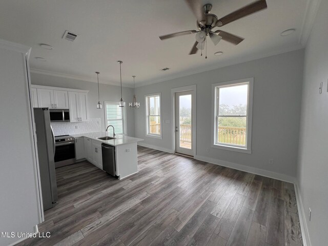 kitchen with visible vents, appliances with stainless steel finishes, wood finished floors, a peninsula, and a sink