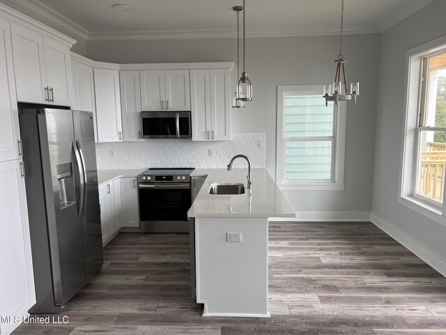 kitchen with appliances with stainless steel finishes, dark wood-type flooring, a peninsula, a sink, and backsplash