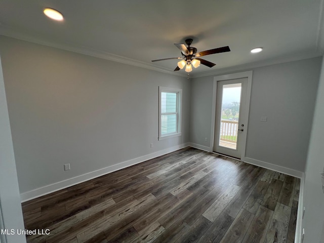 unfurnished room featuring ceiling fan, recessed lighting, dark wood-type flooring, baseboards, and crown molding