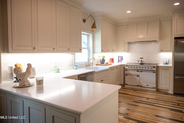 110 Quail Hollow Pl, Brandon, MS 39047 - kitchen featuring stainless steel appliances, custom range hood, a sink, decorative backsplash, and light countertops