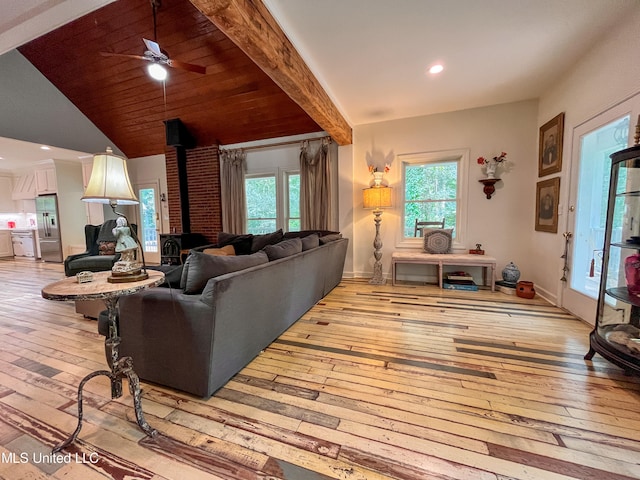 living room with light hardwood / wood-style floors, a wood stove, and plenty of natural light