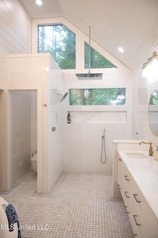 bathroom featuring vanity, lofted ceiling, tiled shower, and toilet