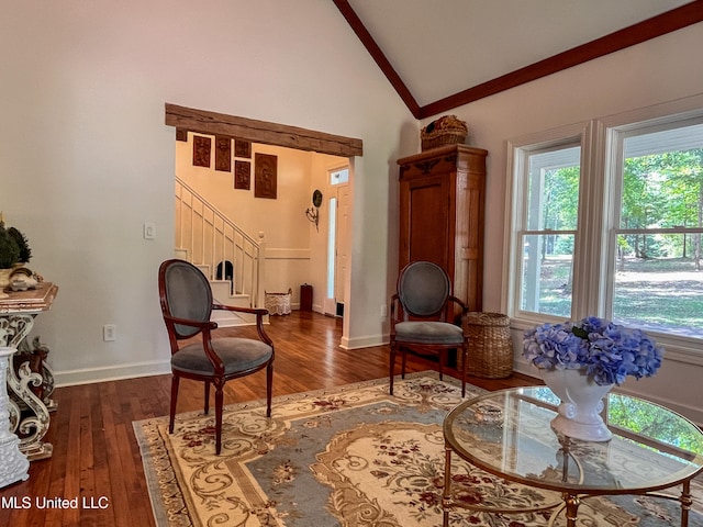 living area featuring high vaulted ceiling and dark hardwood / wood-style flooring