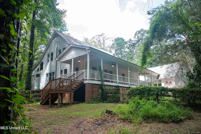 110 Quail Hollow Pl, Brandon, MS 39047 - rear view of property featuring stairs, metal roof, covered porch, and a ceiling fan