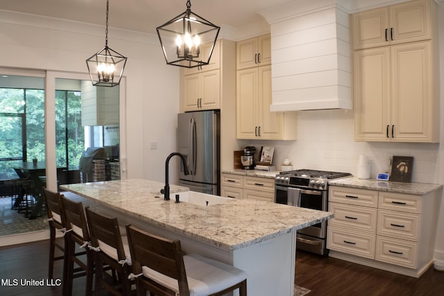 691 Apona St, Diamondhead, MS 39525 - kitchen with appliances with stainless steel finishes, custom exhaust hood, tasteful backsplash, and a chandelier