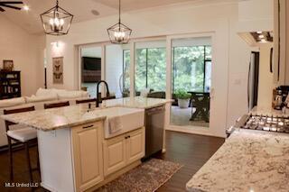 691 Apona St, Diamondhead, MS 39525 - kitchen with a sink, stainless steel dishwasher, dark wood-type flooring, open floor plan, and light stone counters