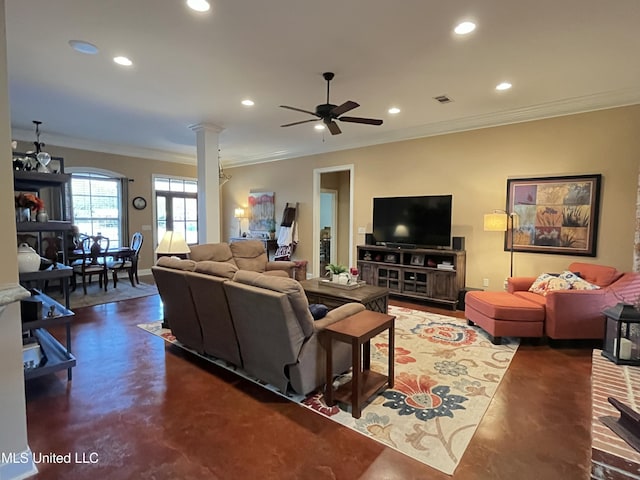 living room with baseboards, visible vents, crown molding, concrete flooring, and recessed lighting