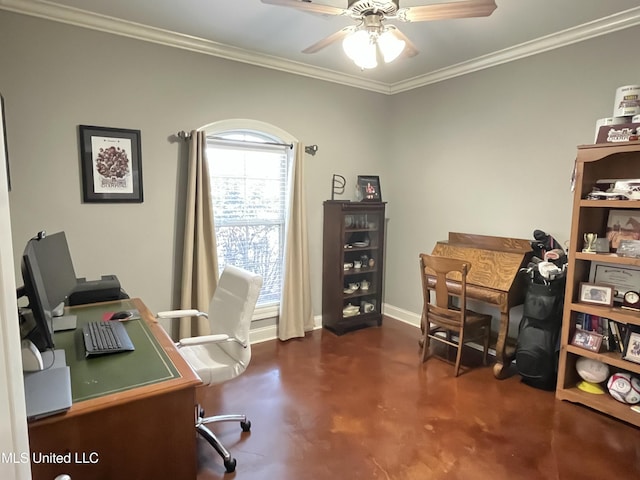 office area with baseboards, concrete floors, ornamental molding, and a ceiling fan