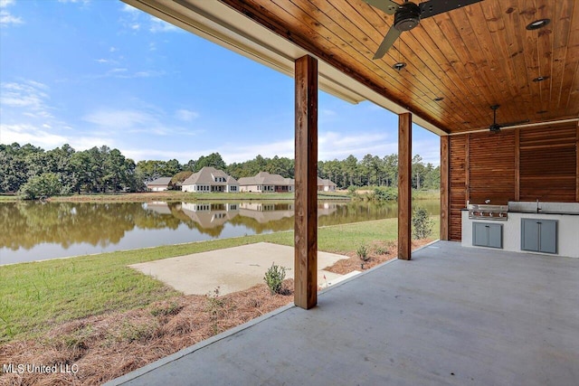 view of patio featuring grilling area, ceiling fan, area for grilling, sink, and a water view