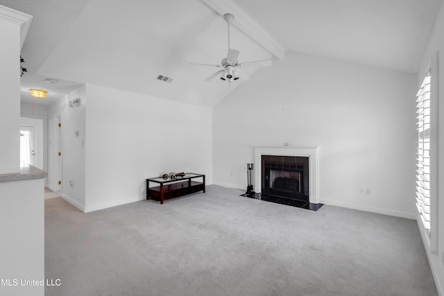 2390 Carter Rd, Biloxi, MS 39531 - unfurnished living room with carpet flooring, ceiling fan, a fireplace with flush hearth, and baseboards