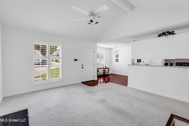 2390 Carter Rd, Biloxi, MS 39531 - living area featuring carpet flooring, a chandelier, beam ceiling, ceiling fan, and baseboards