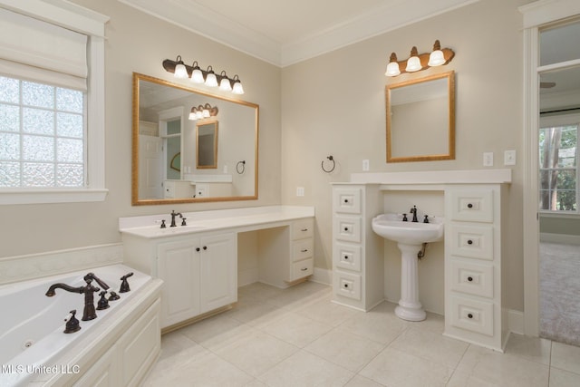 54 Saint Annes Dr, Hattiesburg, MS 39401 - full bathroom with ornamental molding, a jetted tub, two sinks, and tile patterned flooring