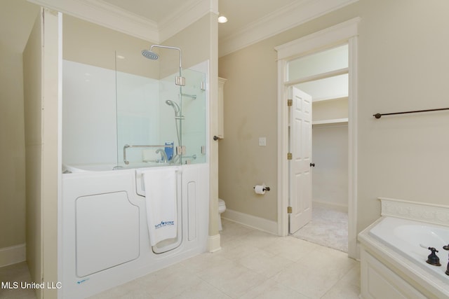 54 Saint Annes Dr, Hattiesburg, MS 39401 - bathroom with ornamental molding, a bath, a shower, a walk in closet, and washer / clothes dryer