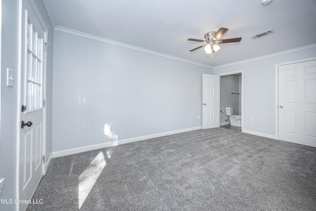 unfurnished bedroom with ceiling fan, carpet, and ornamental molding