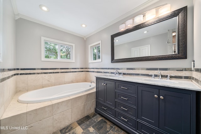 905 Franklin St, Corinth, MS 38834 - bathroom with double vanity, a bath, ornamental molding, and recessed lighting