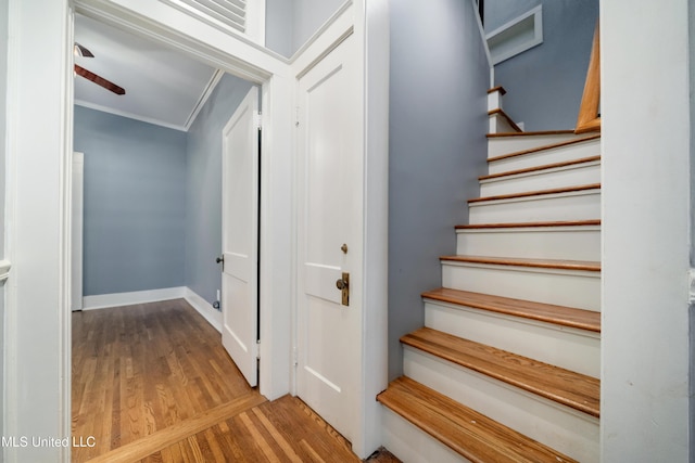 905 Franklin St, Corinth, MS 38834 - staircase with ornamental molding, wood finished floors, and baseboards