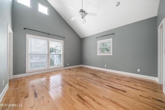 905 Franklin St, Corinth, MS 38834 - spare room featuring high vaulted ceiling, light wood-style flooring, plenty of natural light, a ceiling fan, and baseboards