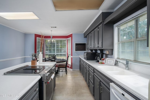 kitchen with visible vents, white dishwasher, ornamental molding, a sink, and stainless steel range with electric stovetop