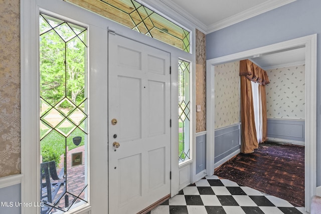 entrance foyer with crown molding and dark hardwood / wood-style floors