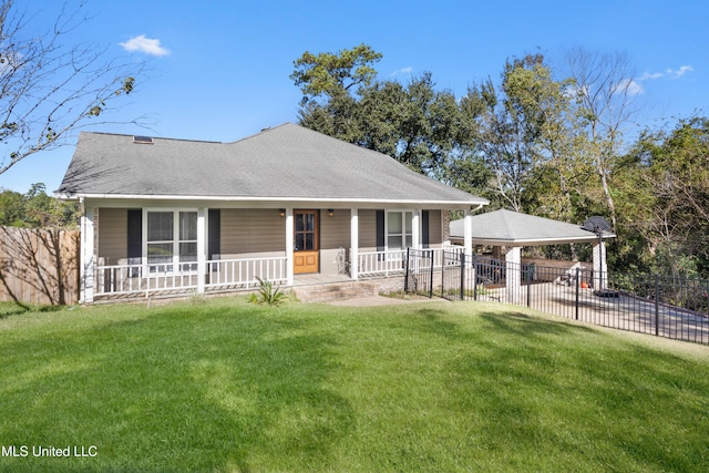 view of front of house featuring covered porch and a front lawn