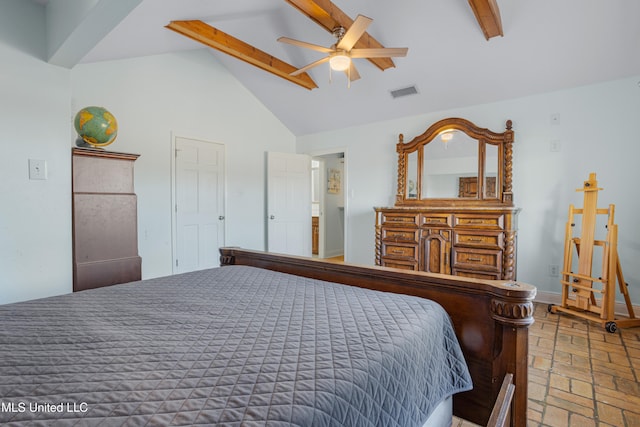 bedroom with beamed ceiling, ceiling fan, and high vaulted ceiling