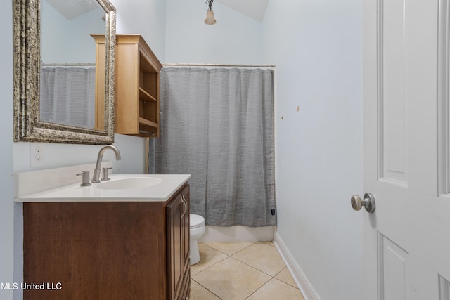 full bathroom featuring vanity, lofted ceiling, tile patterned flooring, toilet, and shower / bathtub combination with curtain