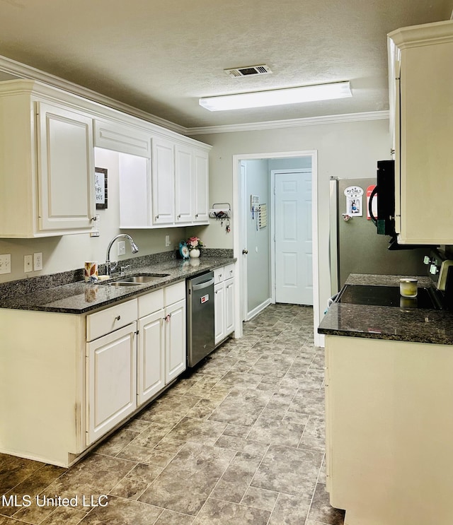 235 Gaddy Dr, Byram, MS 39272 - kitchen featuring stainless steel dishwasher, crown molding, electric range oven, white cabinets, and black microwave