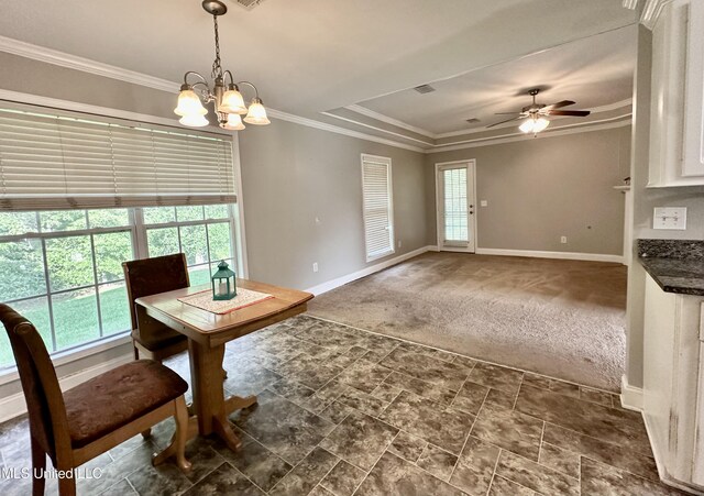 235 Gaddy Dr, Byram, MS 39272 - unfurnished dining area featuring dark colored carpet, ornamental molding, a ceiling fan, a chandelier, and a tray ceiling