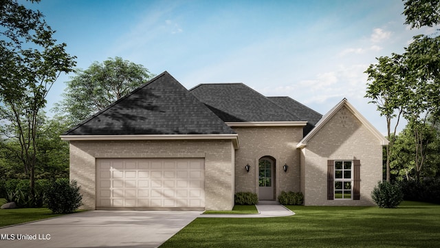 view of front facade with a front lawn and a garage