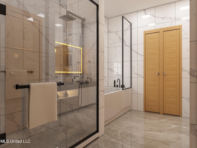 bathroom featuring tile walls and plus walk in shower