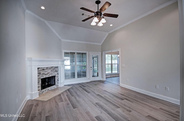 508 Jasmine Ct, Brandon, MS 39047 - unfurnished living room featuring lofted ceiling, baseboards, visible vents, and ceiling fan