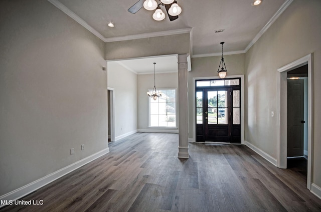 508 Jasmine Ct, Brandon, MS 39047 - foyer featuring baseboards, dark wood finished floors, a chandelier, and crown molding