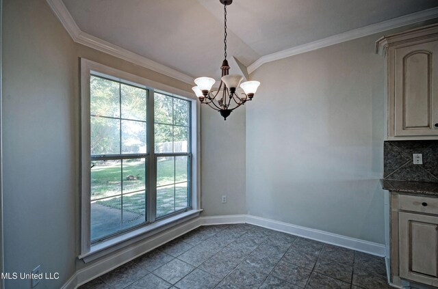 508 Jasmine Ct, Brandon, MS 39047 - unfurnished dining area featuring an inviting chandelier, plenty of natural light, baseboards, and crown molding