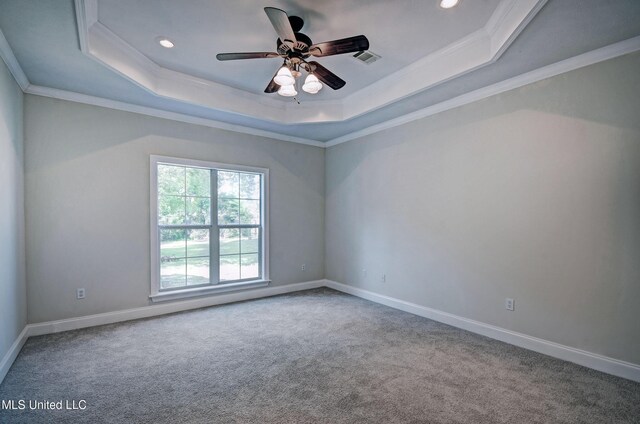 508 Jasmine Ct, Brandon, MS 39047 - spare room featuring a tray ceiling, carpet flooring, and ornamental molding